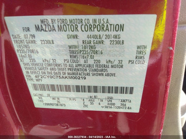2010 MAZDA TRIBUTE SPORT VIN: 4F2CY0C75AKM00219