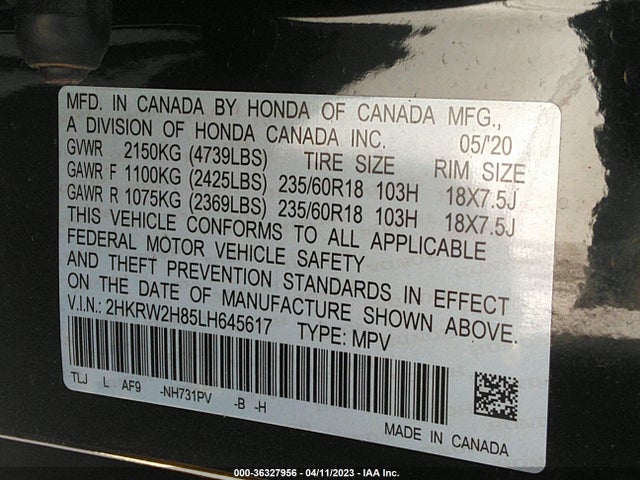 Honda Cr-v Ex-l 2020 2HKRW2H85LH645617 Image 9