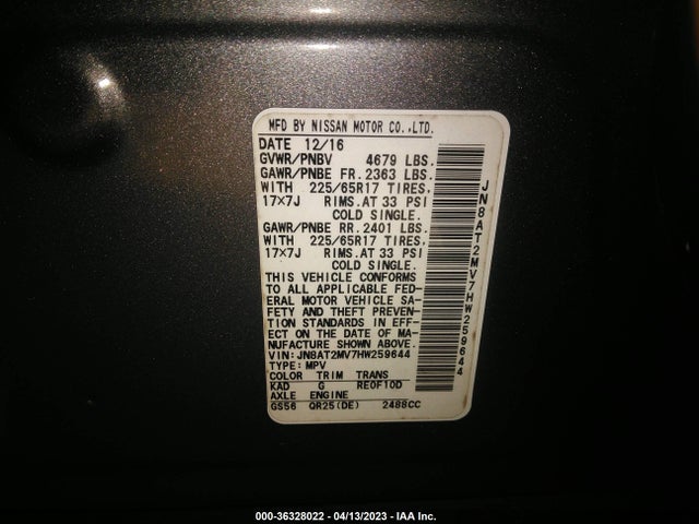 2017 NISSAN ROGUE SV VIN: JN8AT2MV7HW259644