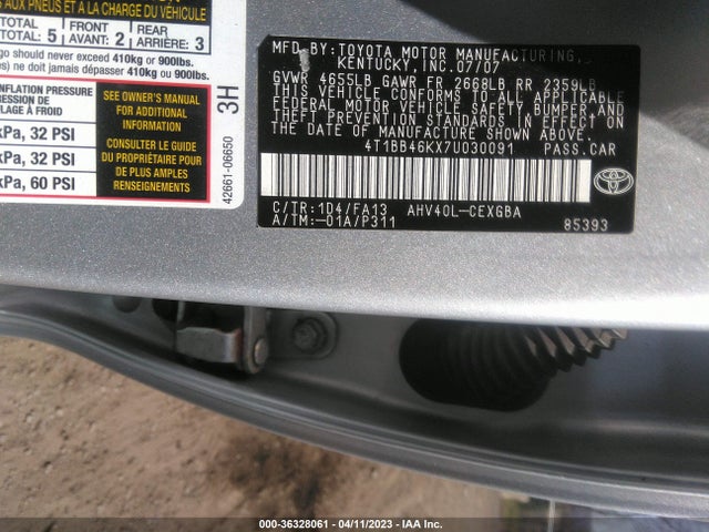 2007 TOYOTA CAMRY HYBRID VIN: 4T1BB46KX7U030091