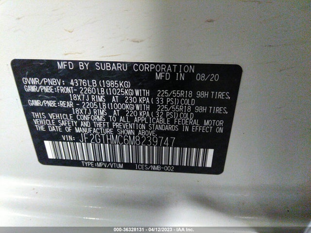 2021 SUBARU CROSSTREK LIMITED VIN: JF2GTHMC6M8239747