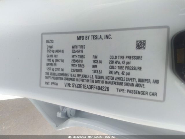5YJ3E1EA3PF494226 Tesla MODEL 3