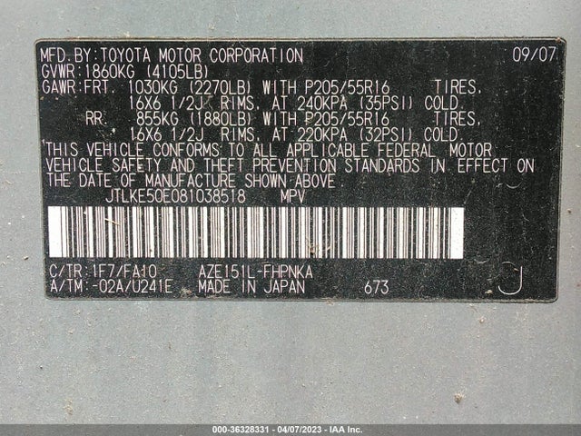 2008 SCION XB VIN: JTLKE50E081038518