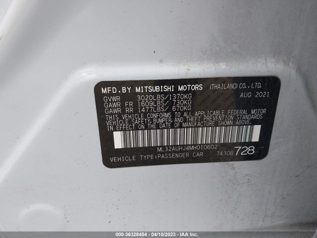 2021 MITSUBISHI MIRAGE ES/LE/CARBONITE EDITION VIN: ML32AUHJ4MH010602