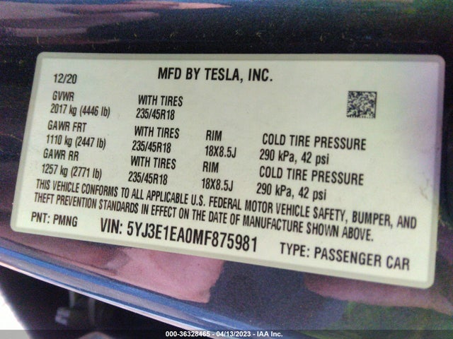 Tesla Model 3 Standard Range Plus 2021 5YJ3E1EA0MF875981 Image 10