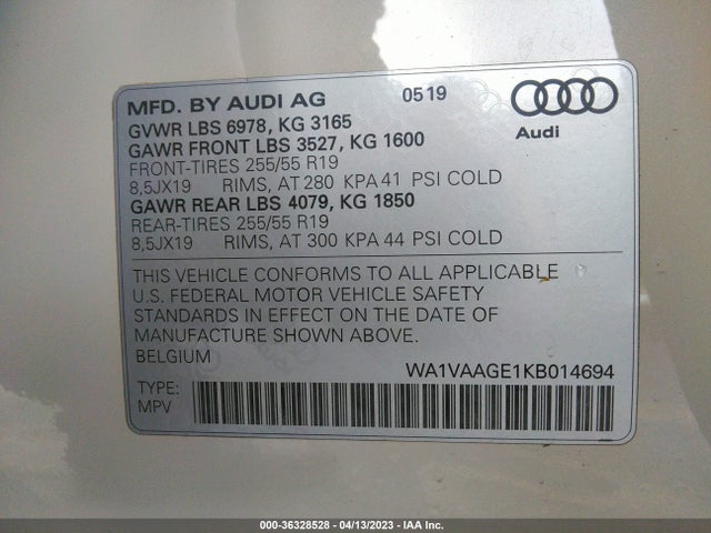 2019 Audi e-tron, VIN: WA1VAAGE1KB014694