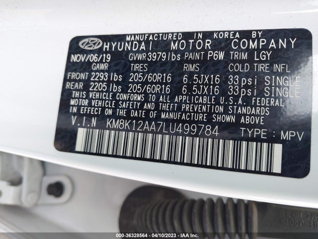2020 HYUNDAI KONA SE VIN: KM8K12AA7LU499784