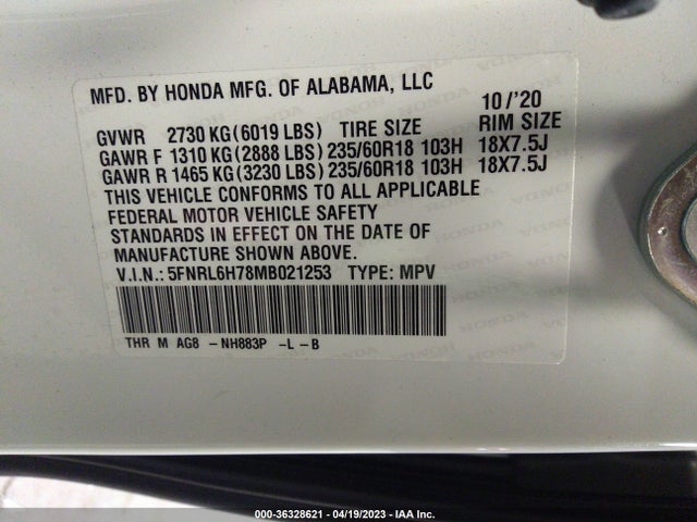 2021 HONDA ODYSSEY EX-L VIN: 5FNRL6H78MB021253