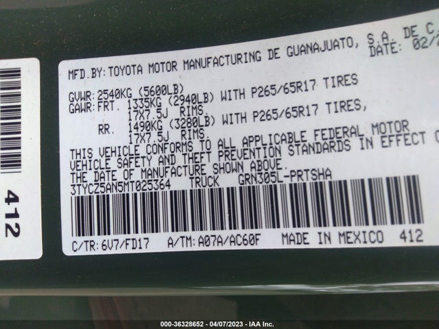 2021 TOYOTA TACOMA 4WD SR/SR5/TRD SPORT VIN: 3TYCZ5AN5MT025364
