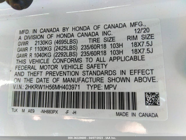 Honda CR-V EX 2021 2HKRW1H56MH403971 Image 10