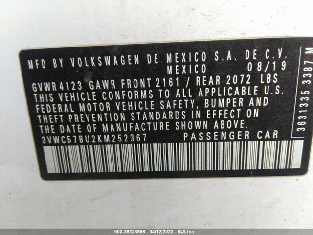 3VWC57BU2KM252367 Volkswagen Jetta S/se/r-line