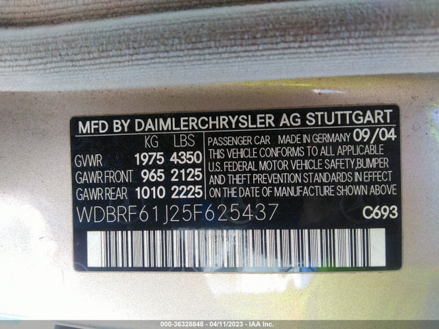 Aukcja sprzedaży 2005 Mercedes-benz C-class 2.6l, vin: WDBRF61J25F625437, numer aukcji: 36328848