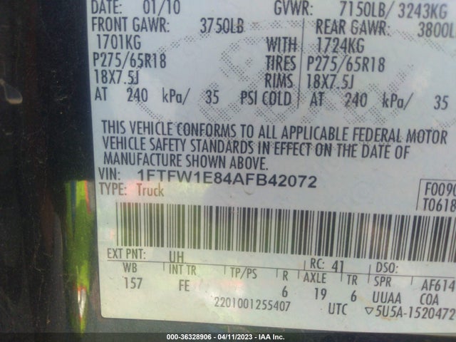 2010 FORD F-150 XL/XLT VIN: 1FTFW1E84AFB42072