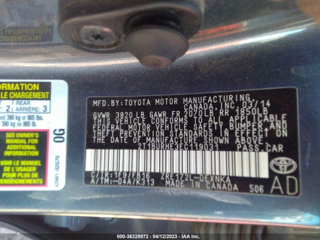 2014 TOYOTA COROLLA L/LE/S/S PLUS/LE PLUS VIN: 2T1BURHE3EC119031
