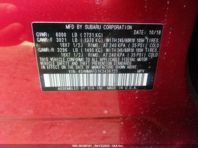 4S4WMAFD1K3436125 Subaru Ascent Premium