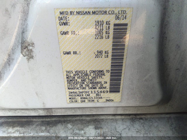 2015 NISSAN ALTIMA 2.5 SV VIN: 1N4AL3AP3FC115469