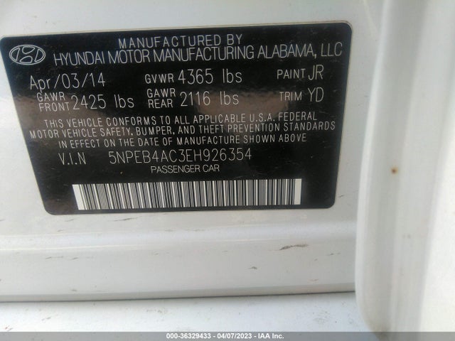 2014 HYUNDAI SONATA GLS VIN: 5NPEB4AC3EH926354