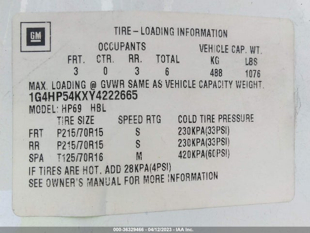 2000 BUICK LESABRE CUSTOM VIN: 1G4HP54KXY4222665