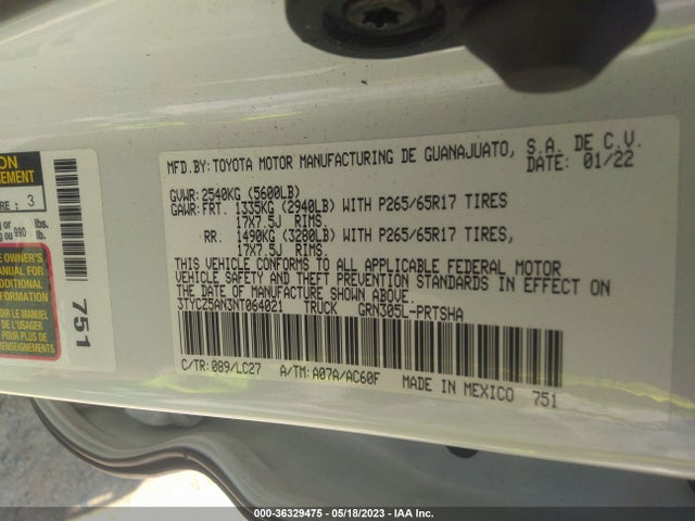 2022 TOYOTA TACOMA 4WD SR/SR5/TRD SPORT VIN: 3TYCZ5AN3NT064021