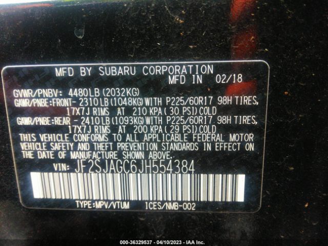 JF2SJAGC6JH554384 Subaru Forester Premium