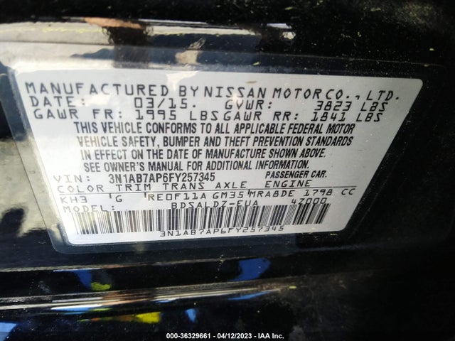 2015 NISSAN SENTRA SV VIN: 3N1AB7AP6FY257345