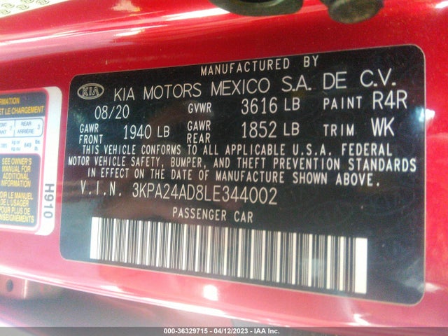 2020 KIA RIO S VIN: 3KPA24AD8LE344002