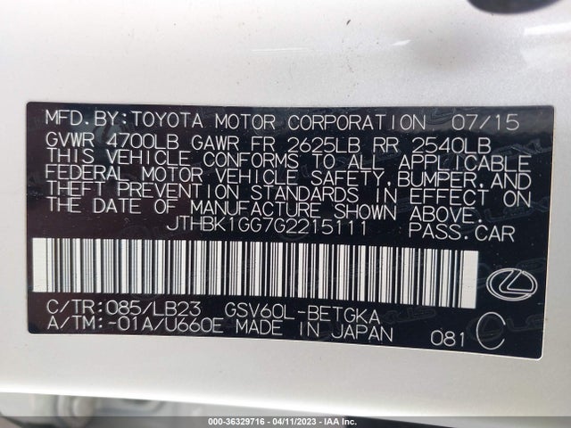 JTHBK1GG7G2215111 Lexus ES 350
