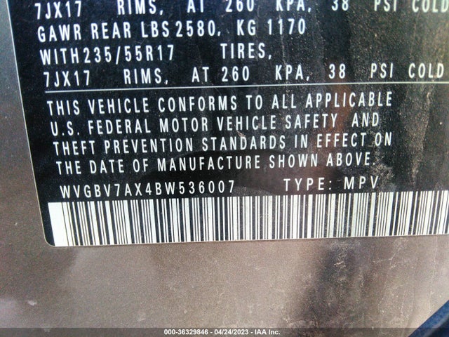 2011 VOLKSWAGEN TIGUAN SE 4MOTION VIN: WVGBV7AX4BW536007
