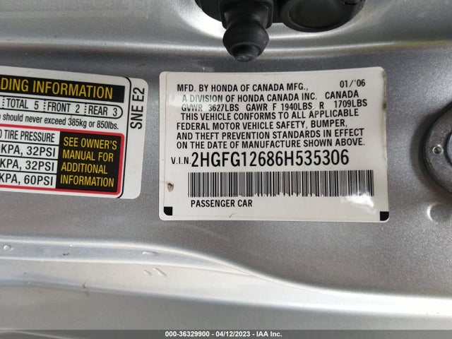 2006 HONDA CIVIC CPE LX VIN: 2HGFG12686H535306