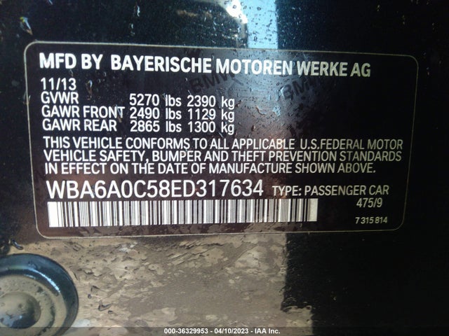BMW 6 Series 640i 2014 WBA6A0C58ED317634 Image 9