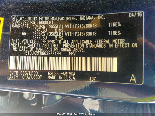 Toyota Highlander Xle 2016 5TDJKRFH8GS277499 Image 10