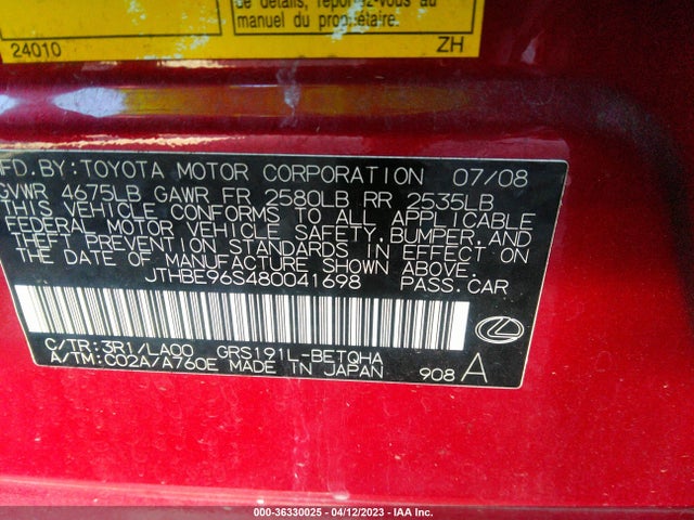 Продажа на аукционе авто 2008 Lexus Gs 350, vin: JTHBE96S480041698, номер лота: 36330025