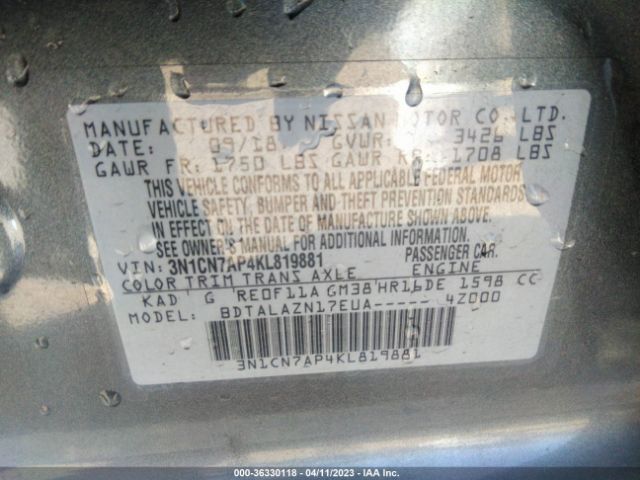 3N1CN7AP4KL819881 Nissan Versa Sedan S Plus