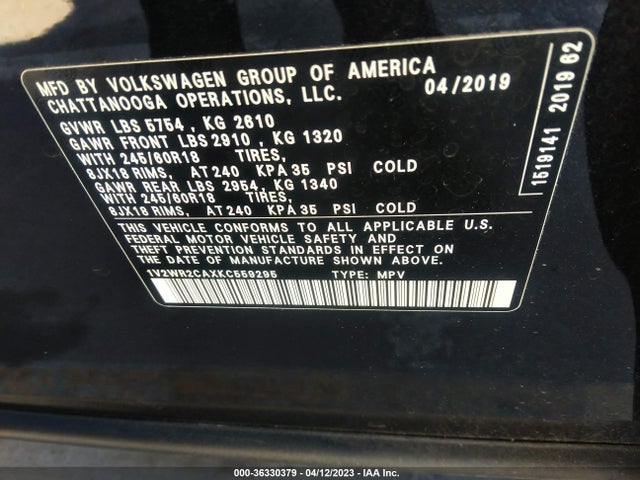 1V2WR2CAXKC559295 Volkswagen Atlas 3.6l V6 Se W/technology