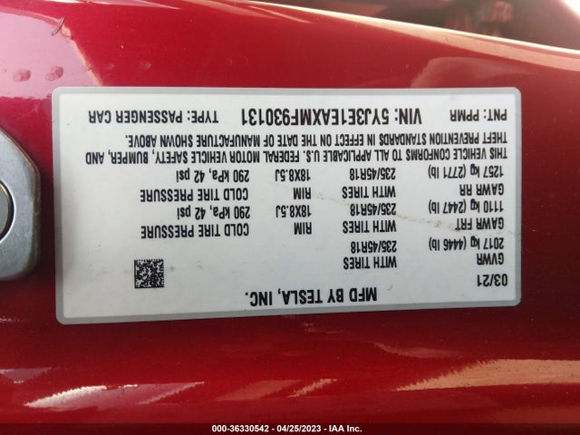 Tesla Model 3 Standard Range Plus 2021 5YJ3E1EAXMF930131 Image 10