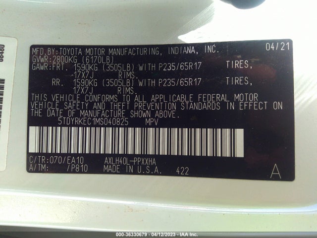 2021 TOYOTA SIENNA XLE VIN: 5TDYRKEC1MS040825
