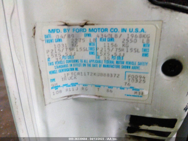 1989 FORD RANGER VIN: 1FTCR11T2KUB88372