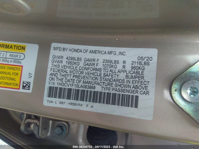 Honda Accord Sedan Lx 2020 1HGCV1F10LA083868 Image 10