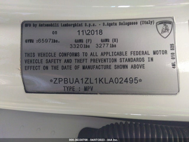 2019 Lamborghini URUS, VIN: ZPBUA1ZL1KLA02495