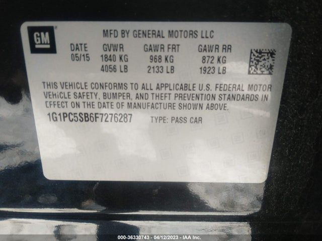 2015 CHEVROLET CRUZE LT VIN: 1G1PC5SB6F7276287
