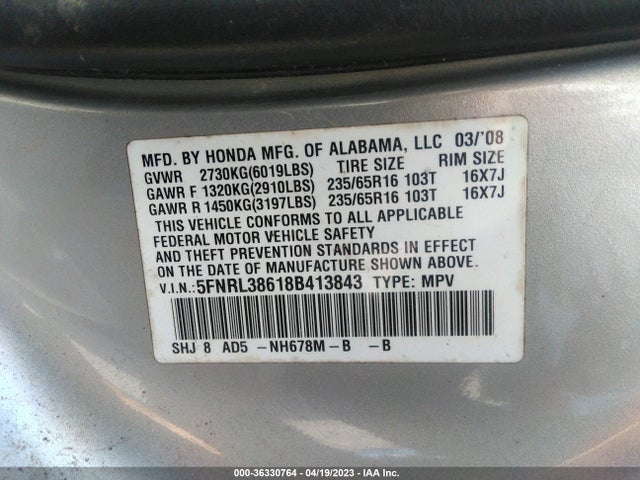 2008 HONDA ODYSSEY EX-L VIN: 5FNRL38618B413843