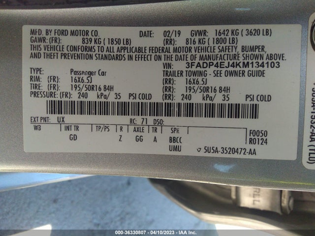 Ford FIESTA SE 2019 3FADP4EJ4KM134103 Image 10