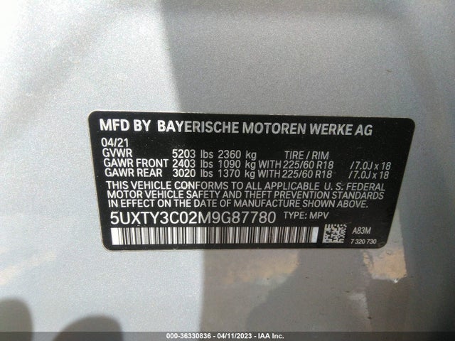 BMW X3 Sdrive30i 2021 5UXTY3C02M9G87780 Image 10