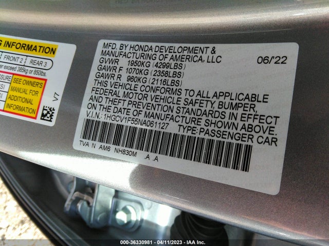 Продажа на аукционе авто 2022 Honda Accord Sedan Ex-l, vin: 1HGCV1F55NA061127, номер лота: 36330981