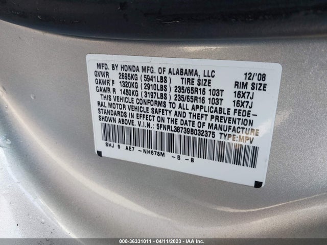 2009 HONDA ODYSSEY EX-L VIN: 5FNRL38739B032375