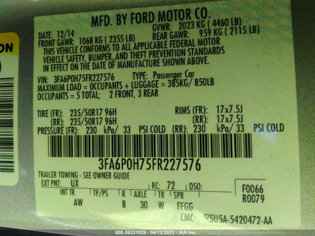 3FA6P0H75FR227576 Ford FUSION SE