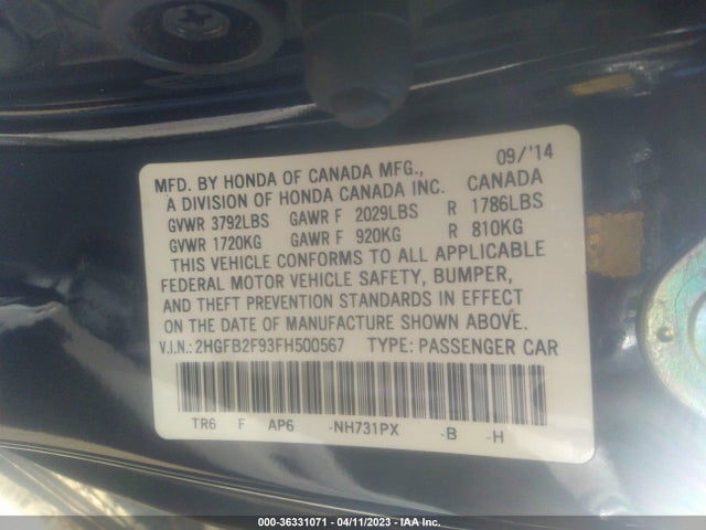2015 HONDA CIVIC SEDAN EX-L VIN: 2HGFB2F93FH500567