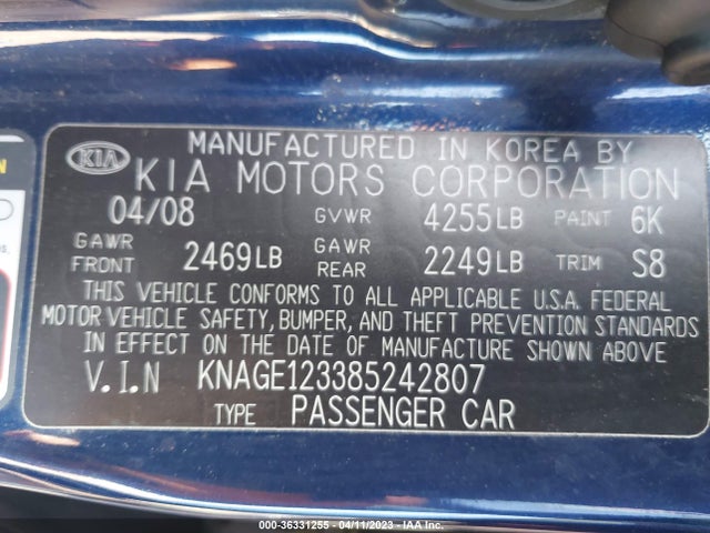 2008 KIA OPTIMA EX VIN: KNAGE123385242807