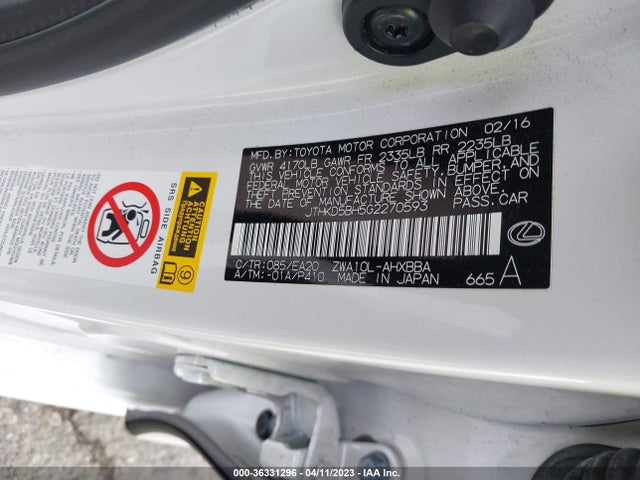 JTHKD5BH5G2270593 Lexus Ct 200h Hybrid