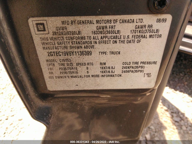 2000 GMC NEW SIERRA 1500 SLE VIN: 2GTEC19V9Y1136399